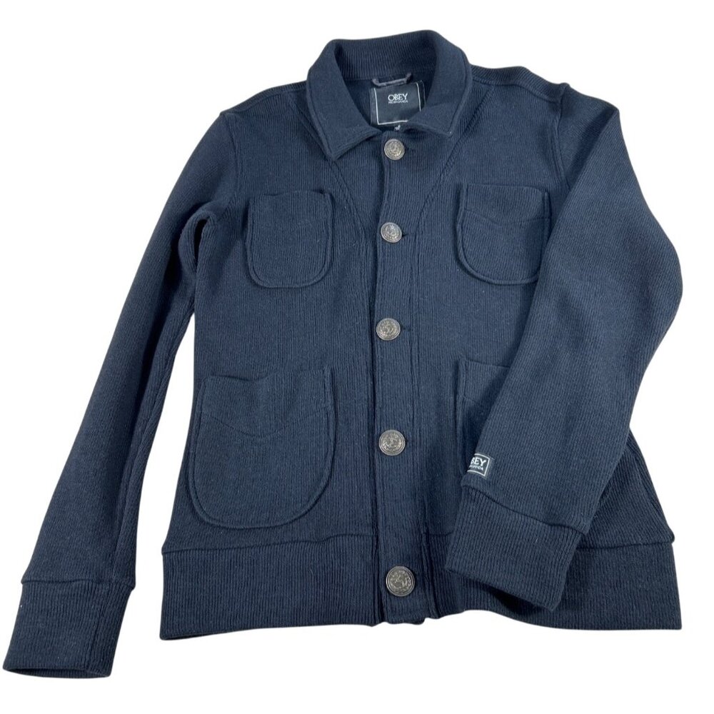 Obey Propaganda Knit Button-Up Cardigan Black Sz S Pockets Nautical Fisherman